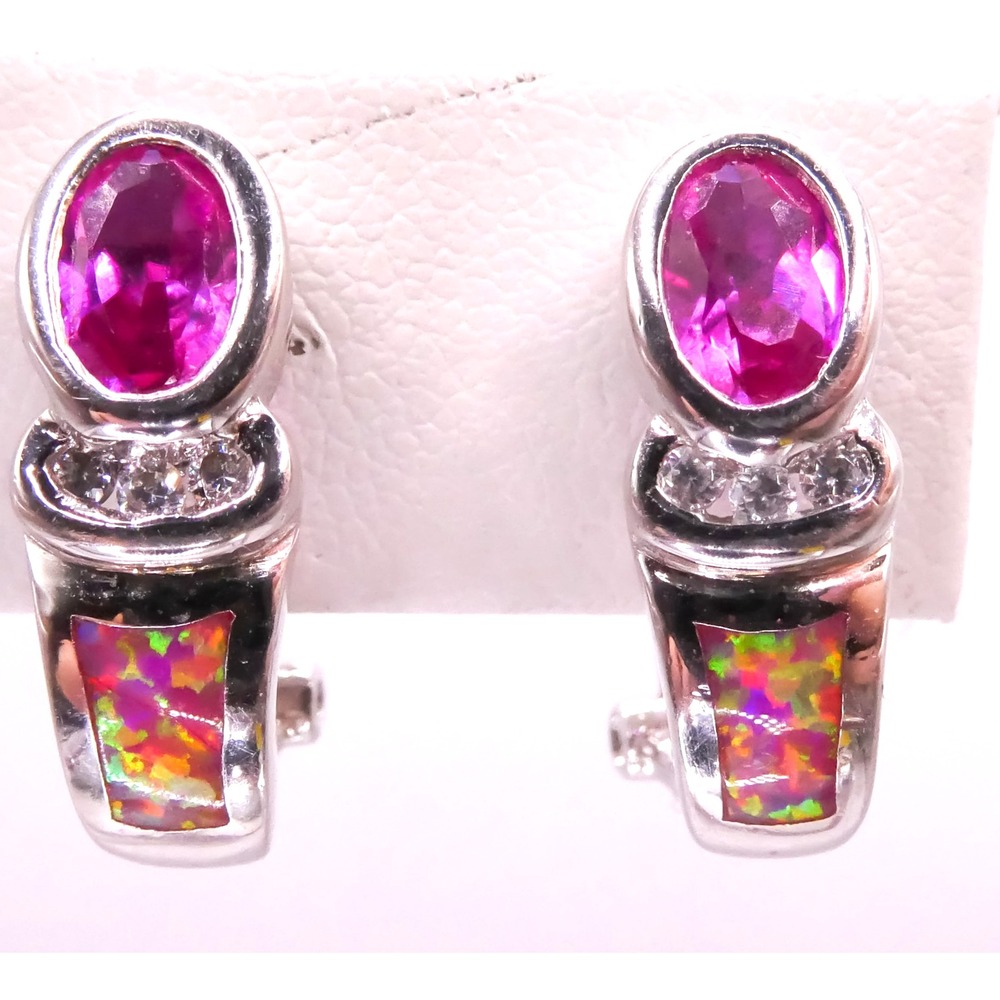 Sterling Silver 925 Lab Pink Sapphire & Opal Earrings Designer TGI Women's